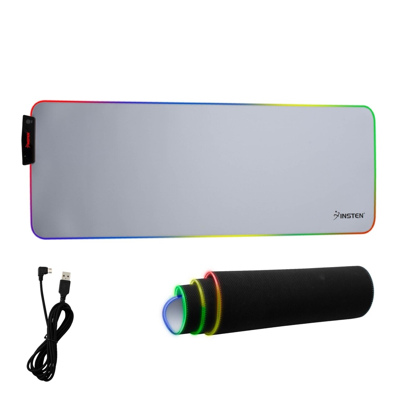 Insten - RGB Mouse Pad Gaming XXL Extended, LED Soft Cloth with 1 USB Port Mat, Ergonomic Anti-Slip Rubber Base, White 31.5 x 12 x 0.16 in